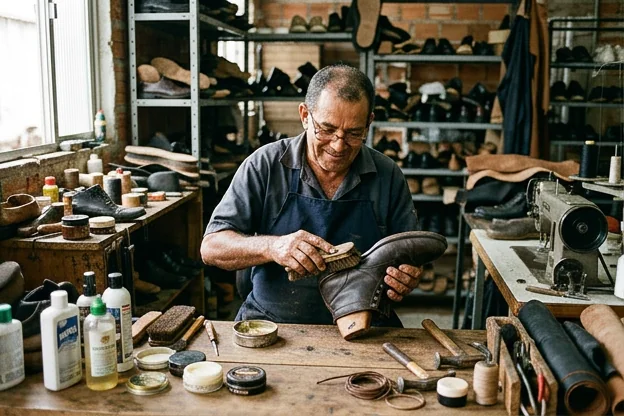 Sapateiro demonstrando cuidados com calçados, com foco em produtos de limpeza e conservação.
