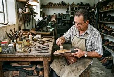 Sapateiro aplicando cola em uma sola descolada de calçado, com ferramentas e materiais de trabalho ao redor.