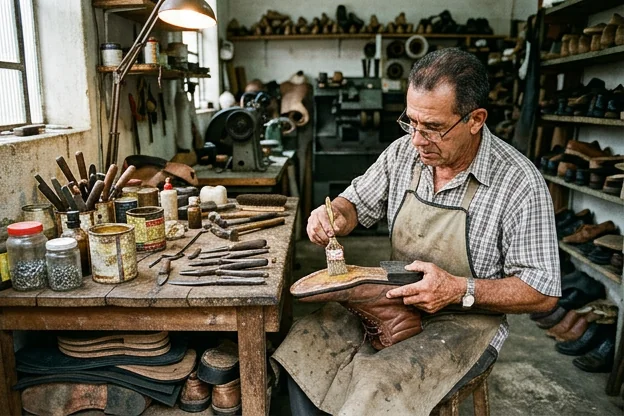 Sapateiro aplicando cola em uma sola descolada de calçado, com ferramentas e materiais de trabalho ao redor.