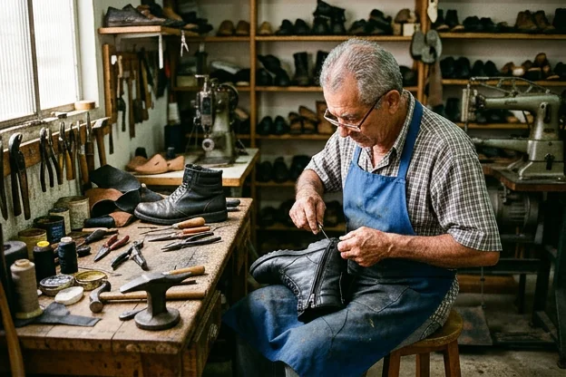 Especialista trabalhando no conserto de um zíper de bota, com foco nas ferramentas e no detalhe do processo.